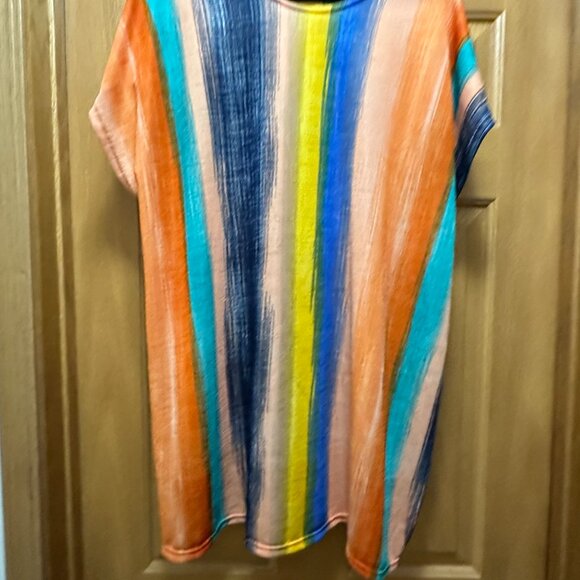 100% Polyester Orange Blue Gold Striped Scoop Neck Coverup Kimono One Size - Picture 7 of 8